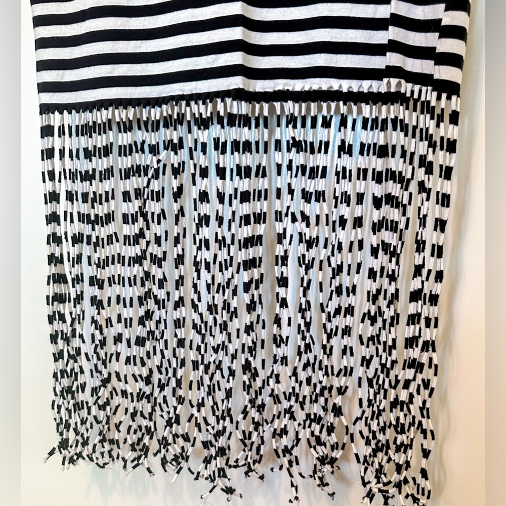 Zara Black White Striped Fringe Hem Midi Dress Sleeveless Tank Knit Size M